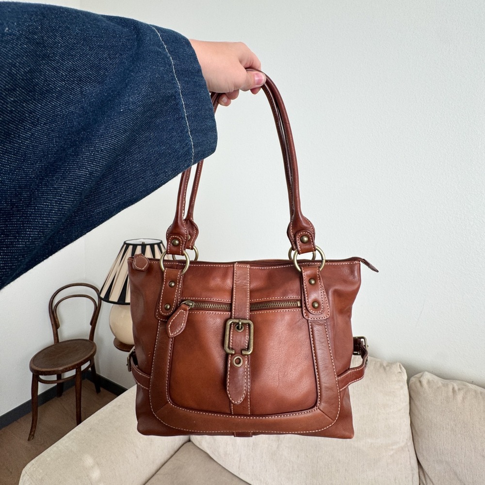 Brown Leather Shoulder Bag Buckle Detail Zippered Tote Brass Hardware Luce